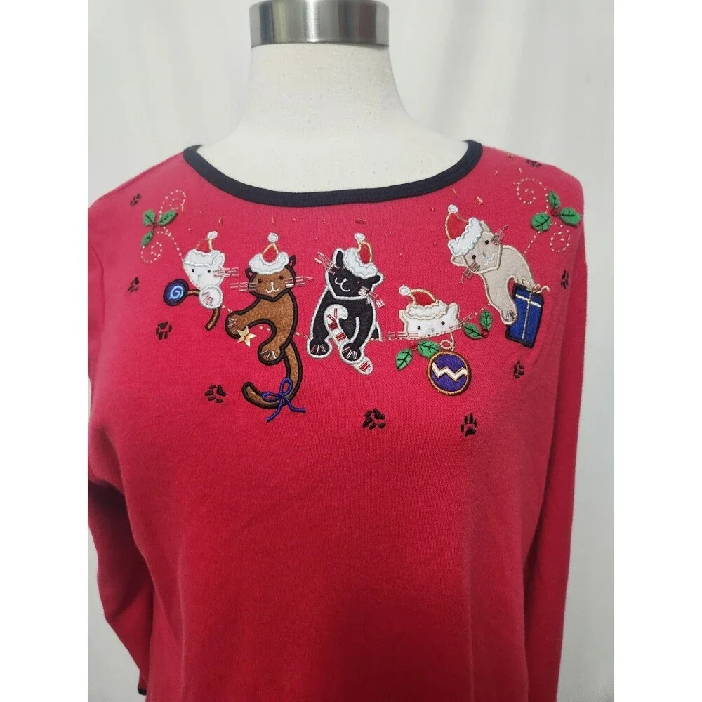Bon Worth Womens HOLIDAY Knit Top Small Red Knit party CATS Appliqués Beaded